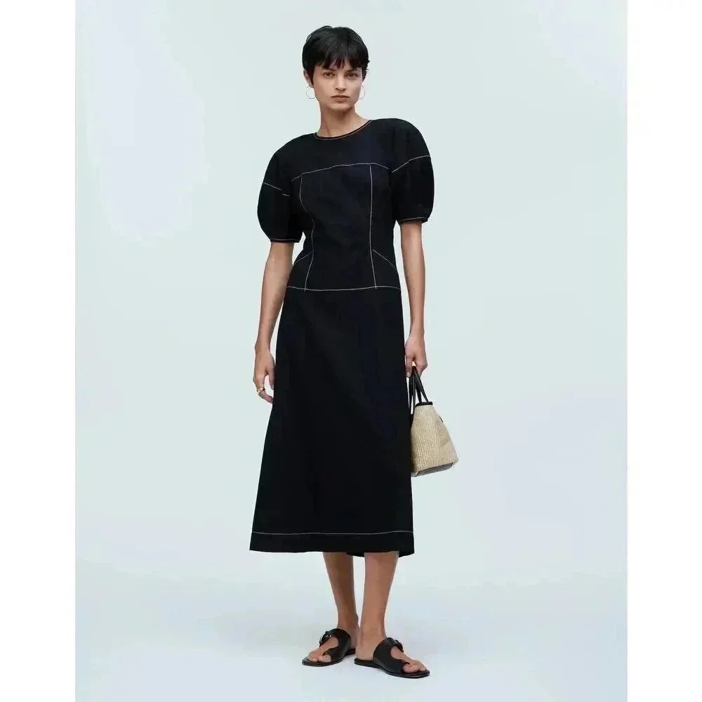 NEW Madewell Women’s Size 0 Black Puff-Sleeve Drop-Waist Midi Dress NWT